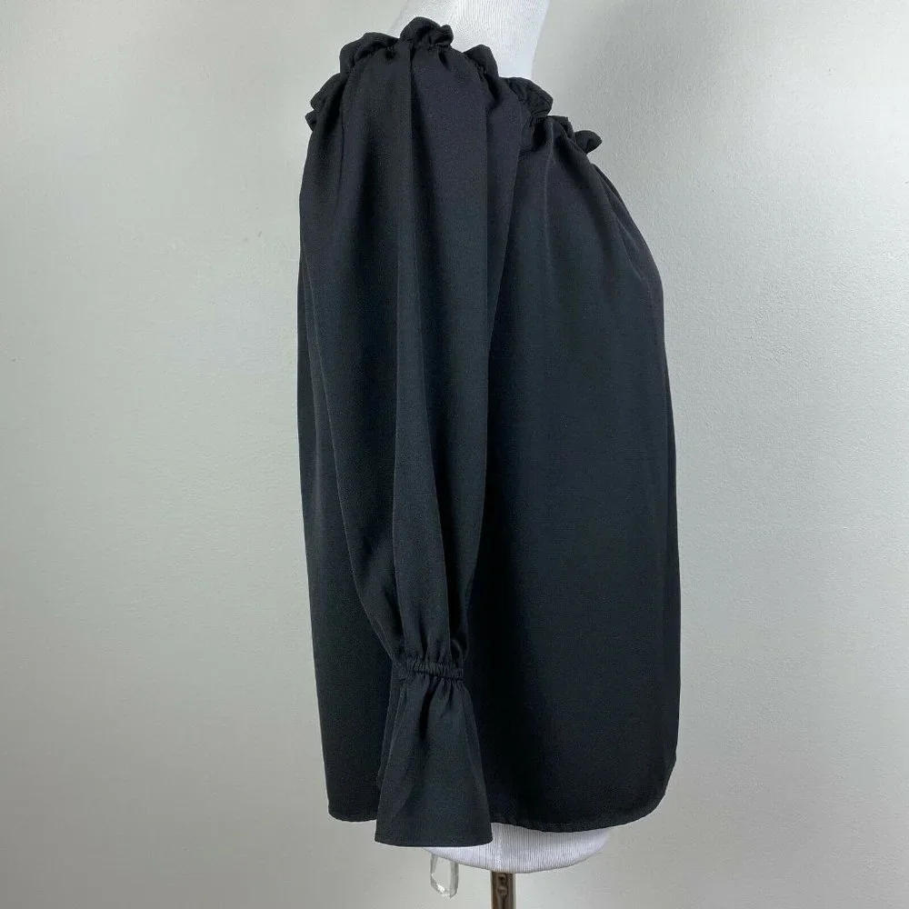 Lulus Top S Off The Shoulder Black Ruffle 3/4 Sleeve Solid Dressy Blouse - Picture 5 of 10